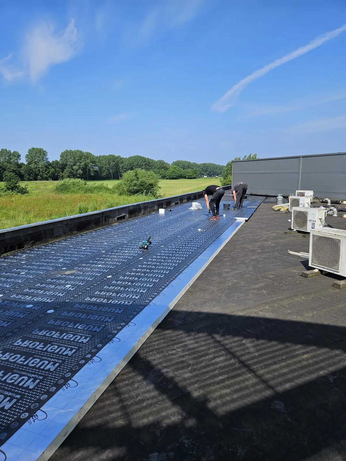 Twee dakdekkers leggen nieuwe isolatieplaten en een onderlaag op een groot plat dak, met weilanden op de achtergrond